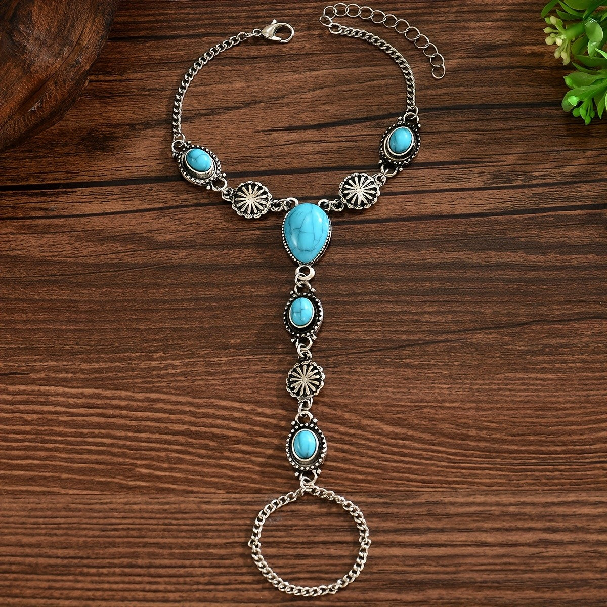 Boho Turquoise Oval Finger Bracelet