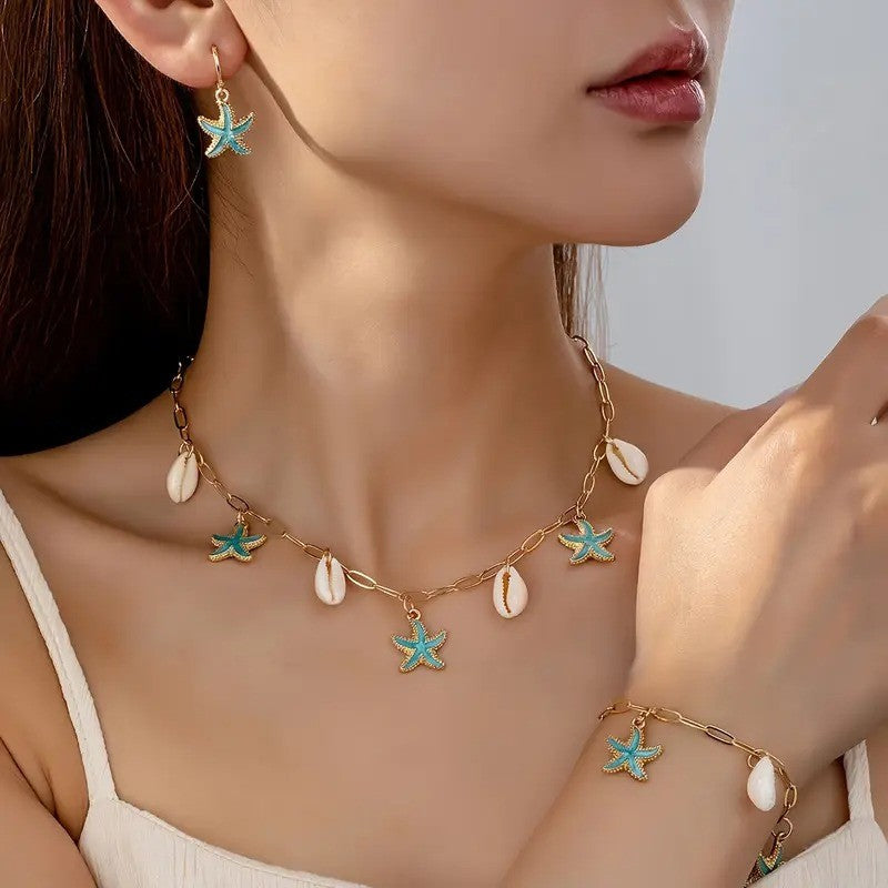 18k Boho Starfish Shell Necklace, Bracelet & Earring Set