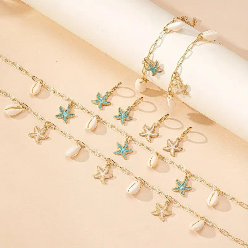 18k Boho Starfish Shell Necklace, Bracelet & Earring Set