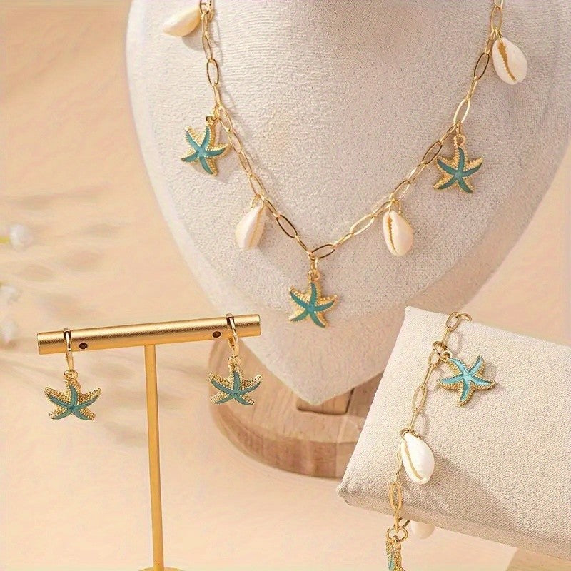 18k Boho Starfish Shell Necklace, Bracelet & Earring Set