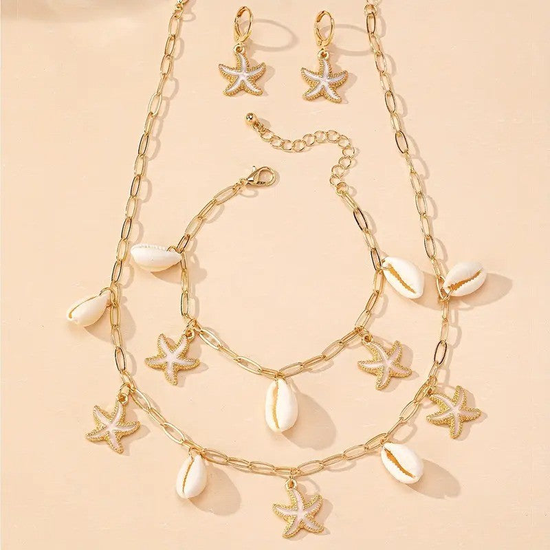 18k Boho Starfish Shell Necklace, Bracelet & Earring Set