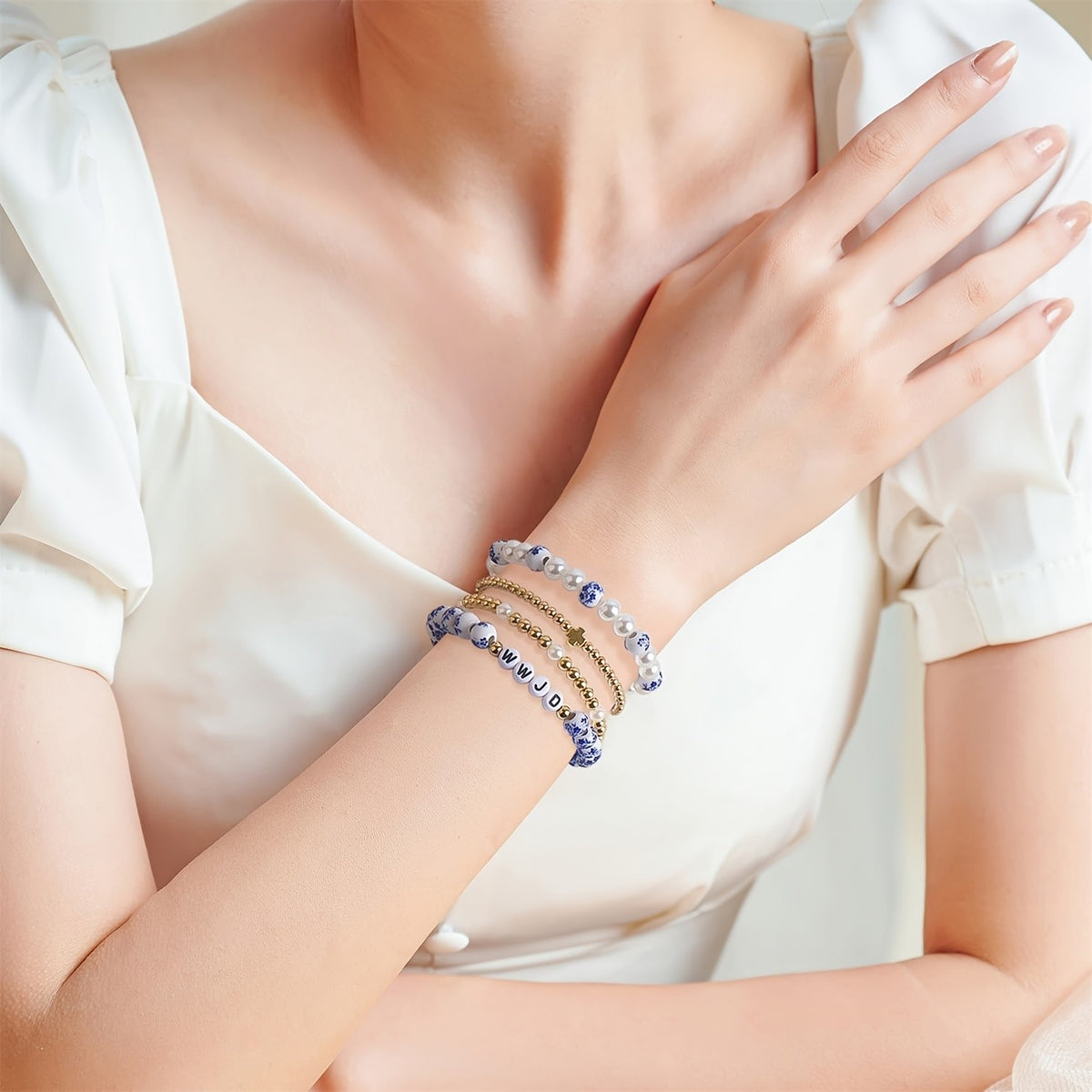 4pc Boho Blue Floral Faux Pearl Bracelet Set