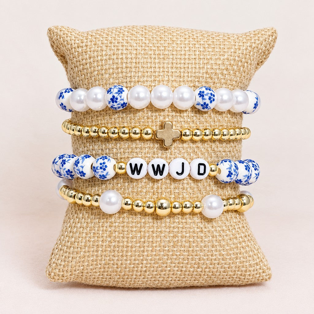 4pc Boho Blue Floral Faux Pearl Bracelet Set