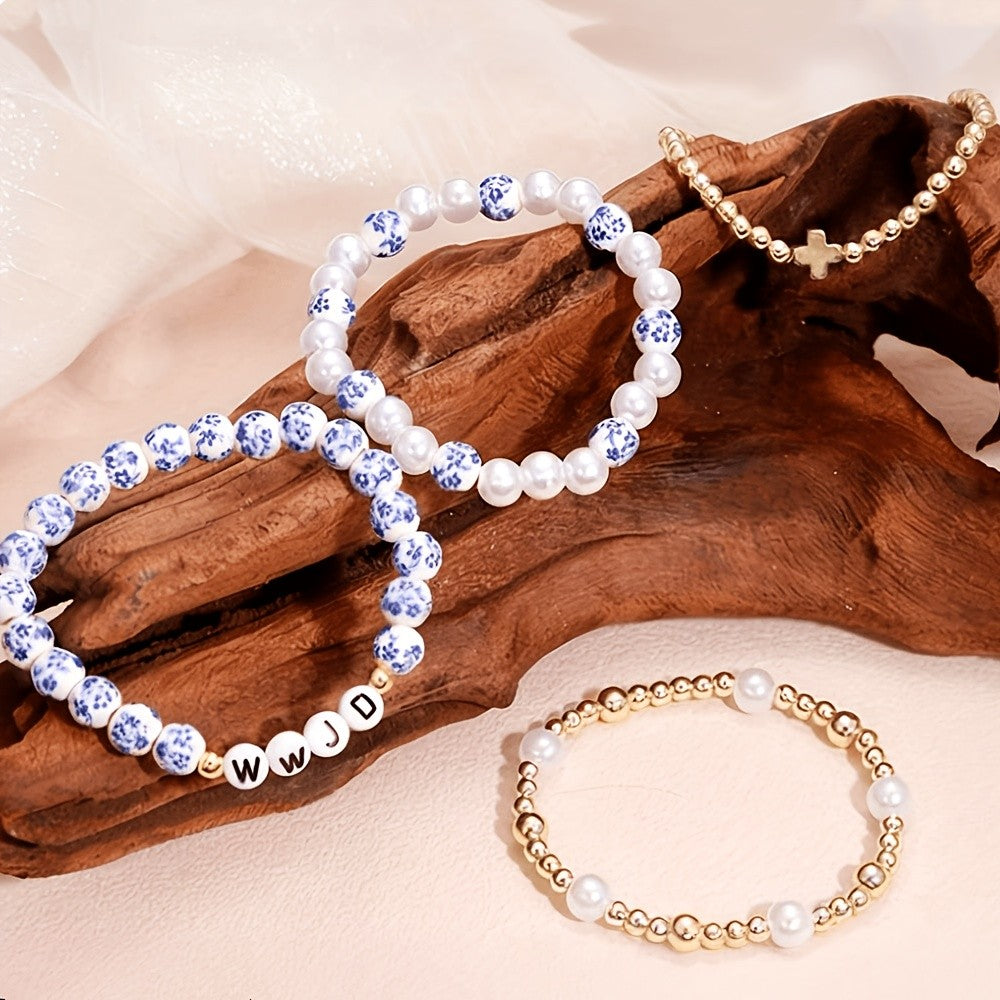 4pc Boho Blue Floral Faux Pearl Bracelet Set