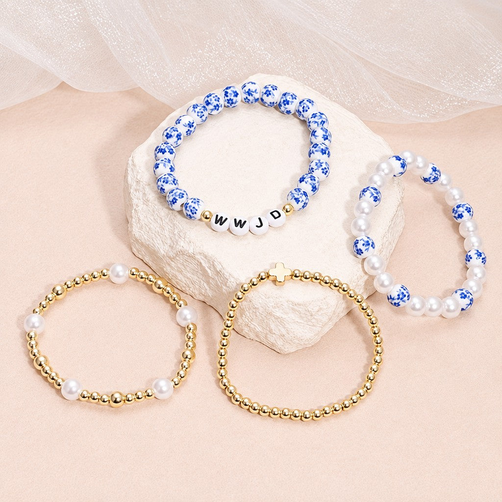 4pc Boho Blue Floral Faux Pearl Bracelet Set