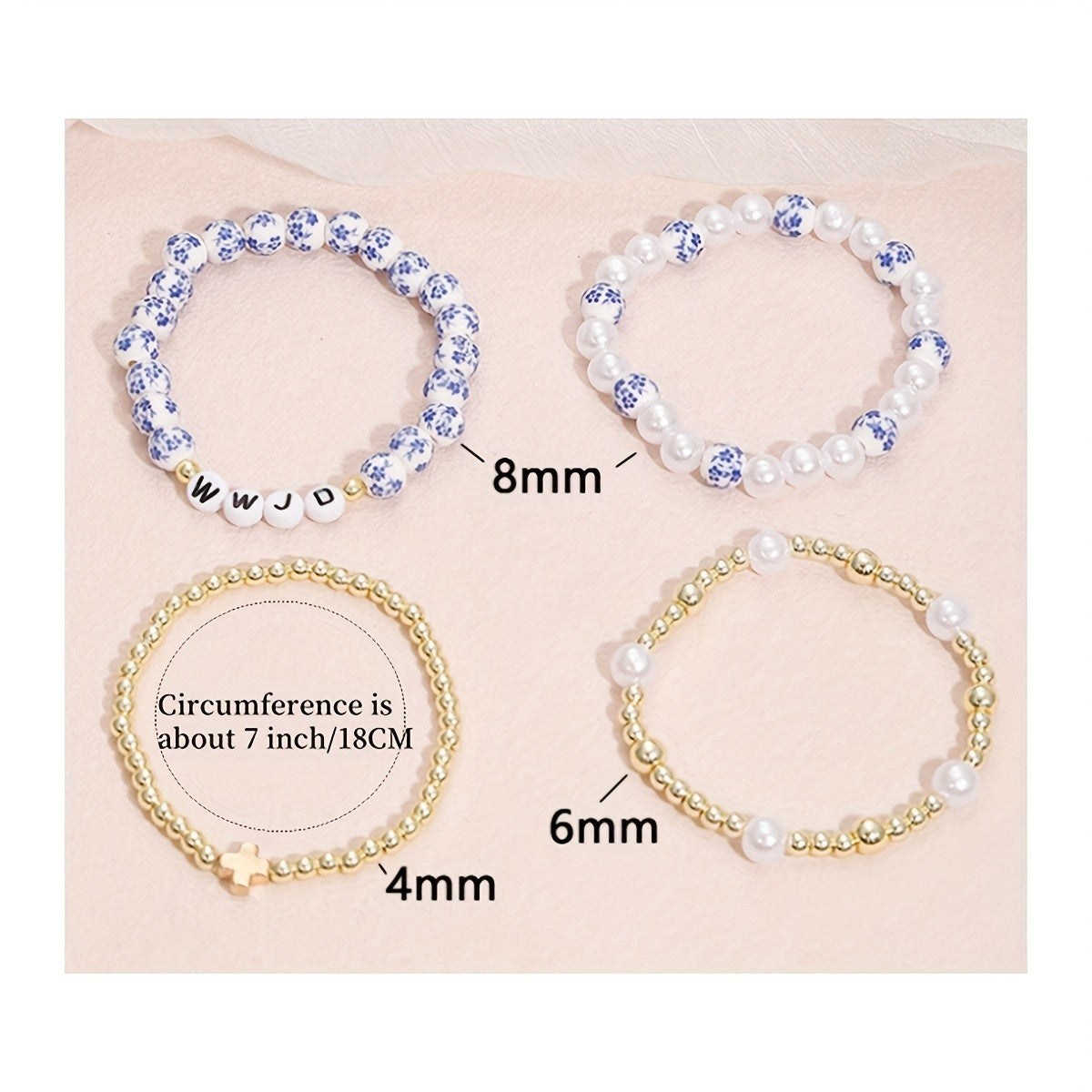 4pc Boho Blue Floral Faux Pearl Bracelet Set