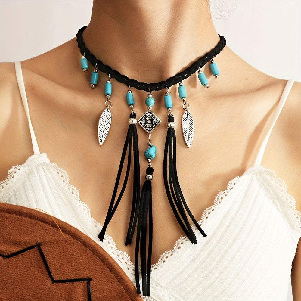Boho Turquoise Leaf Tassel Choker Necklace
