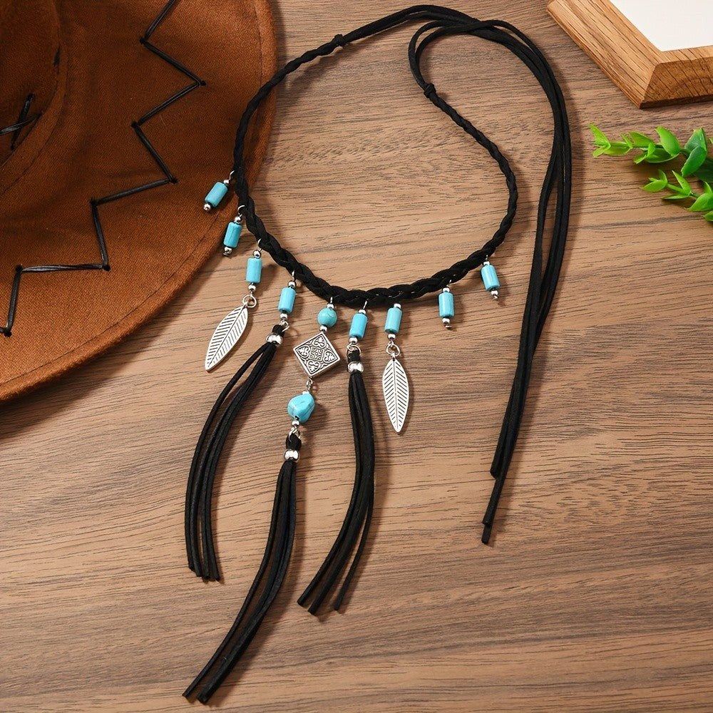 Boho Turquoise Leaf Tassel Choker Necklace