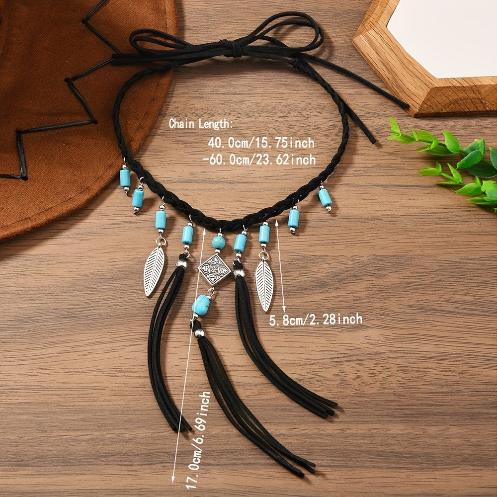 Boho Turquoise Leaf Tassel Choker Necklace