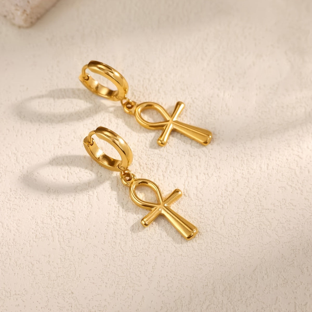 18k Vintage Ankh Cross Huggie Earrings