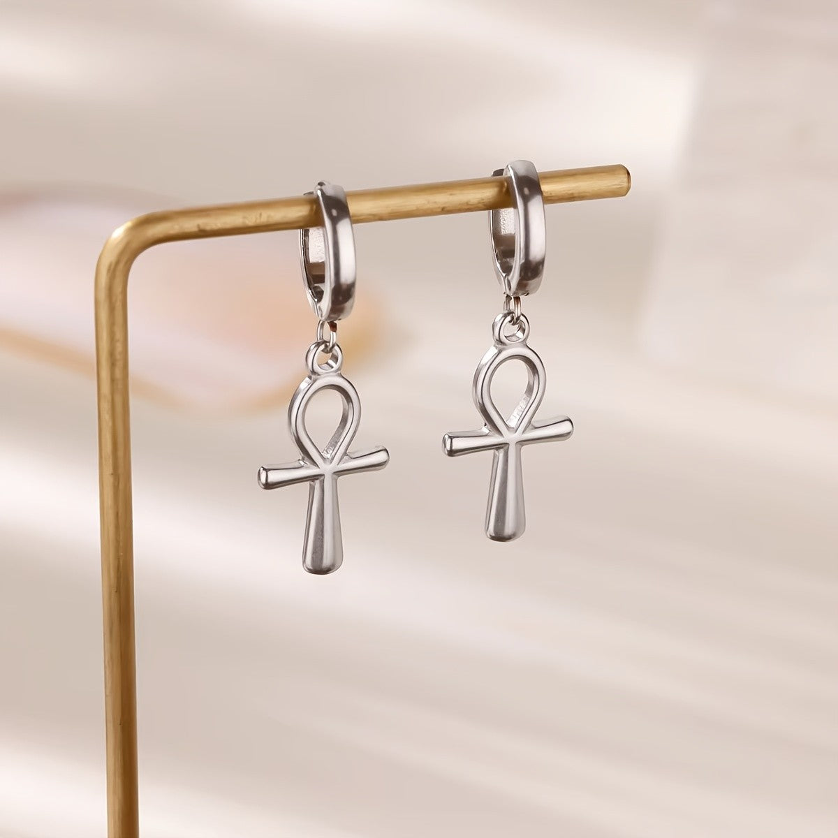 18k Vintage Ankh Cross Huggie Earrings