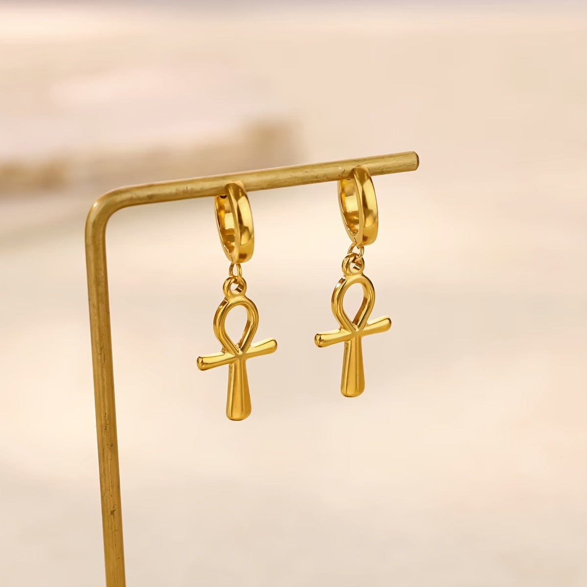18k Vintage Ankh Cross Huggie Earrings