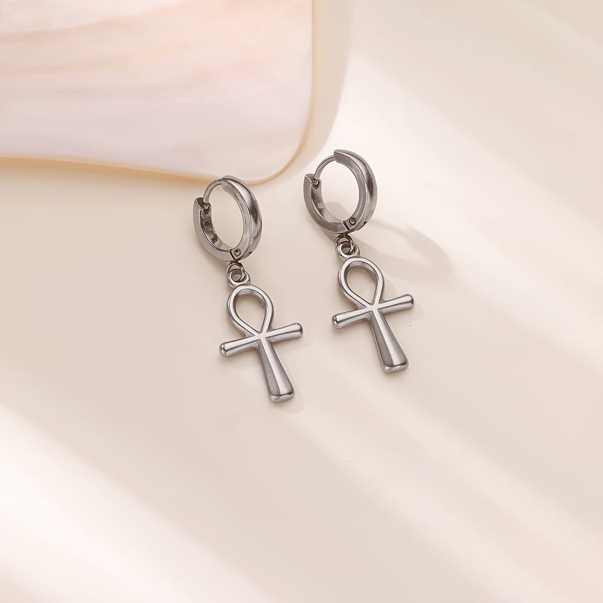 18k Vintage Ankh Cross Huggie Earrings