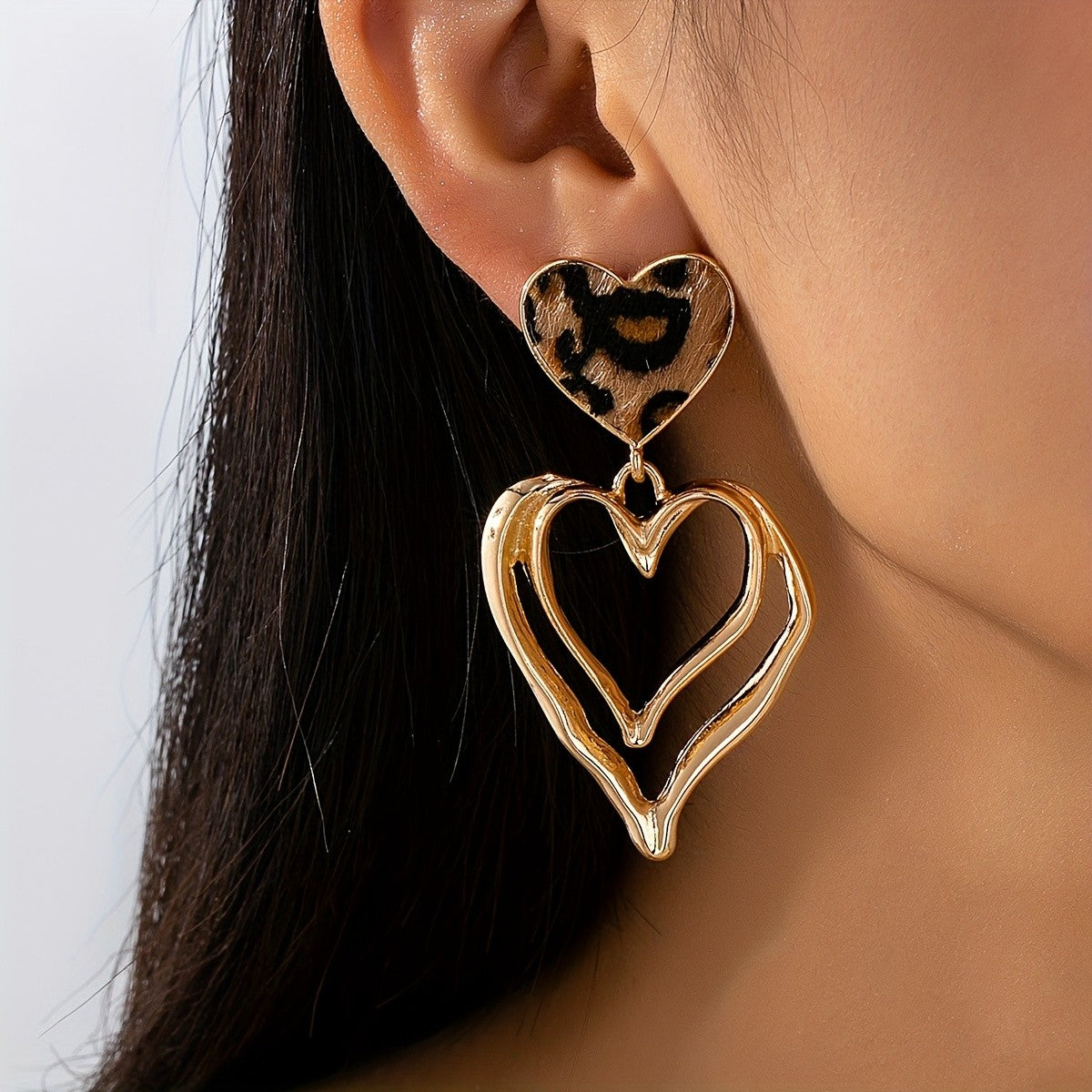 Leopard Print Heart Drop Earrings