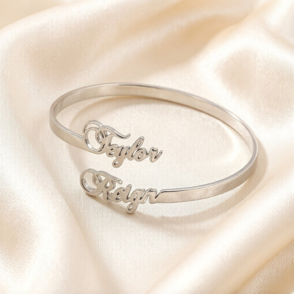 Classy Double Name Script Bangle Bracelet