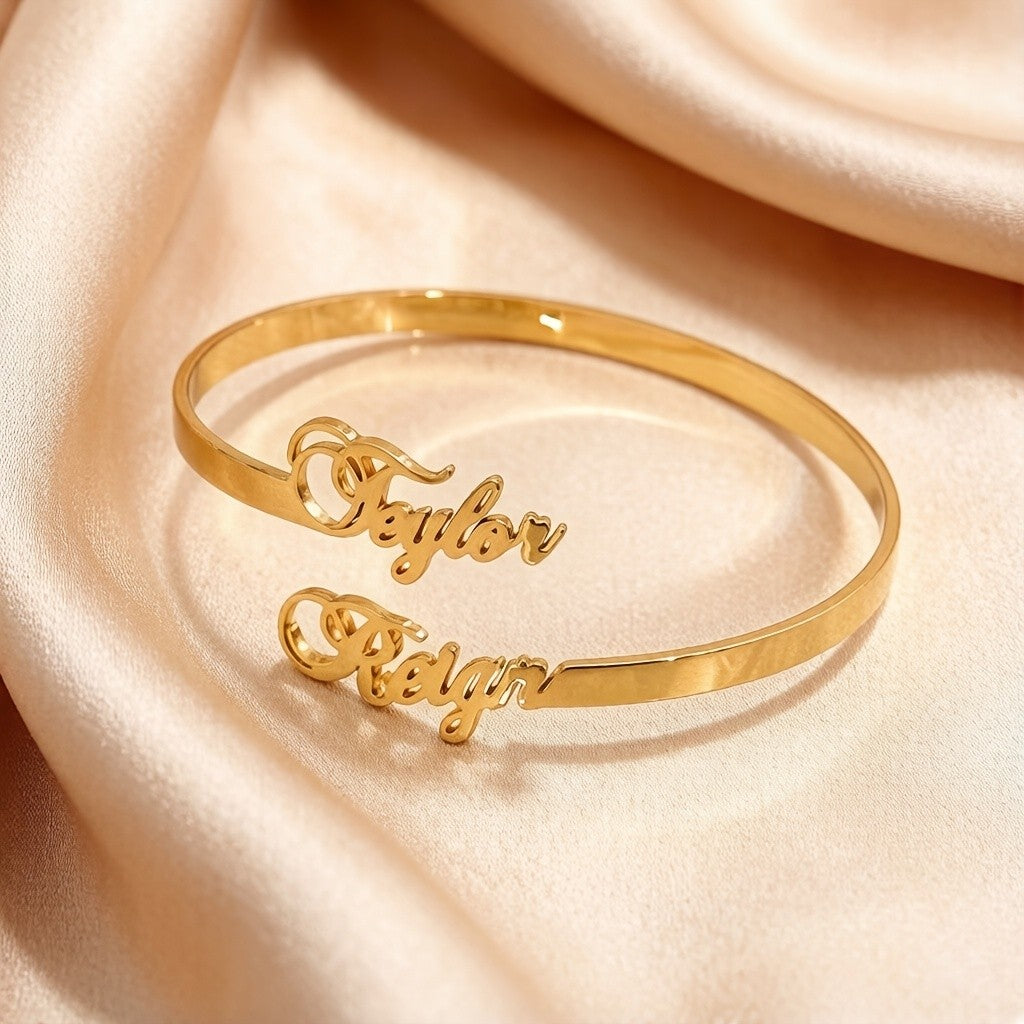 Classy Double Name Script Bangle Bracelet