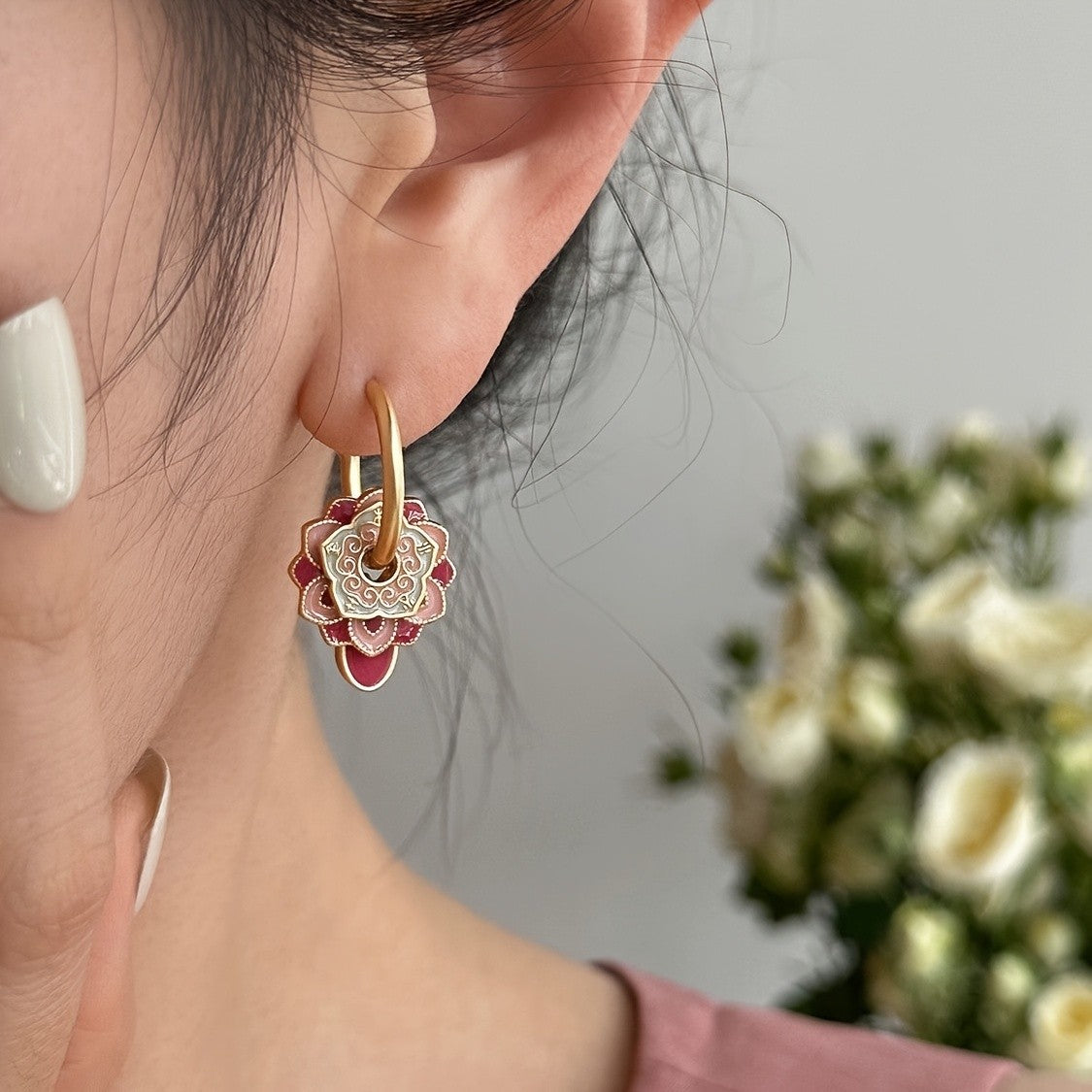 Romantic Pink Enamel Flower Earrings