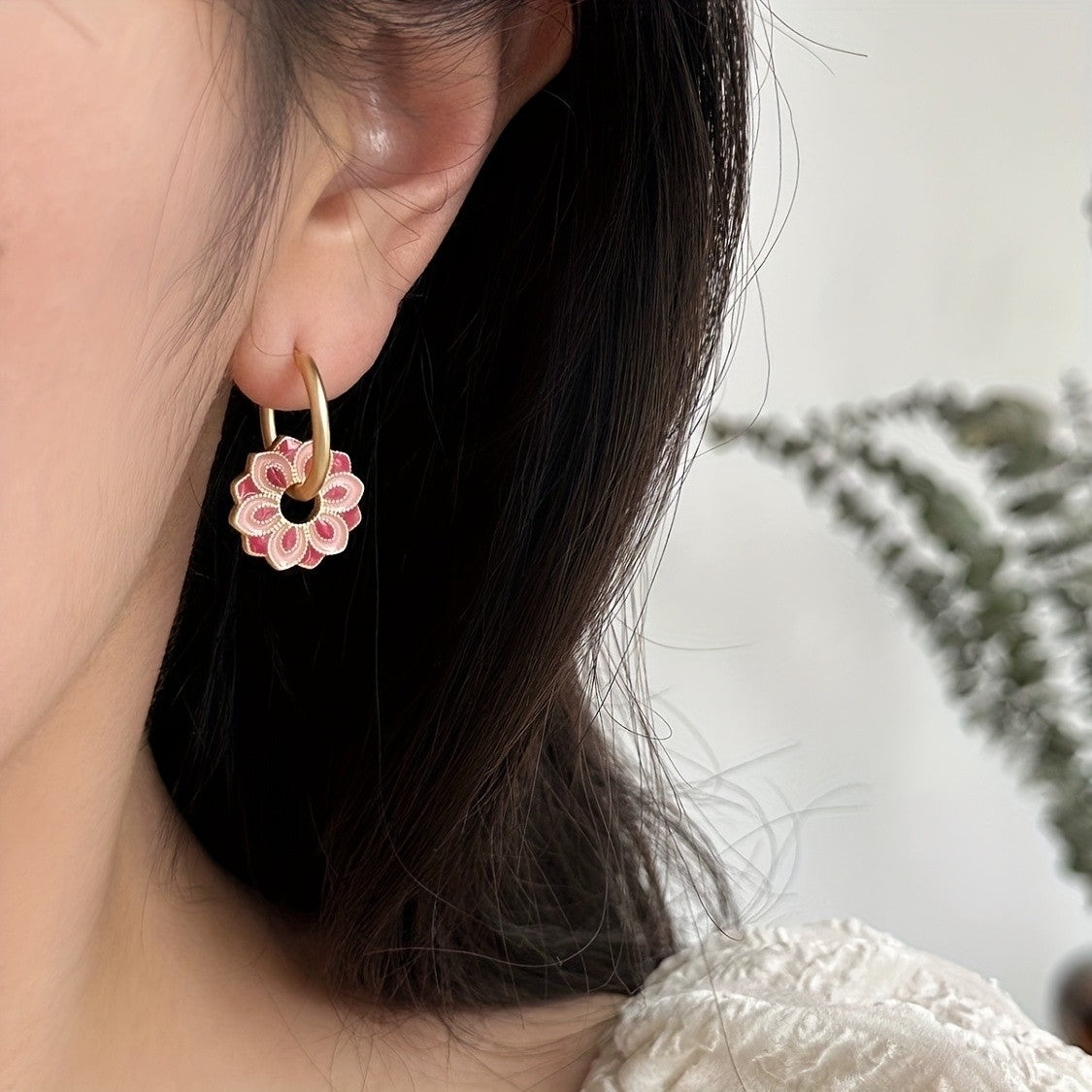 Romantic Pink Enamel Flower Earrings