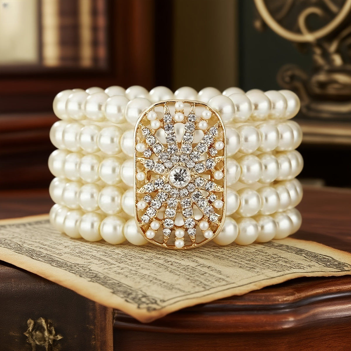 Elegant Multi-Row Faux Pearl Sunburst Bracelet
