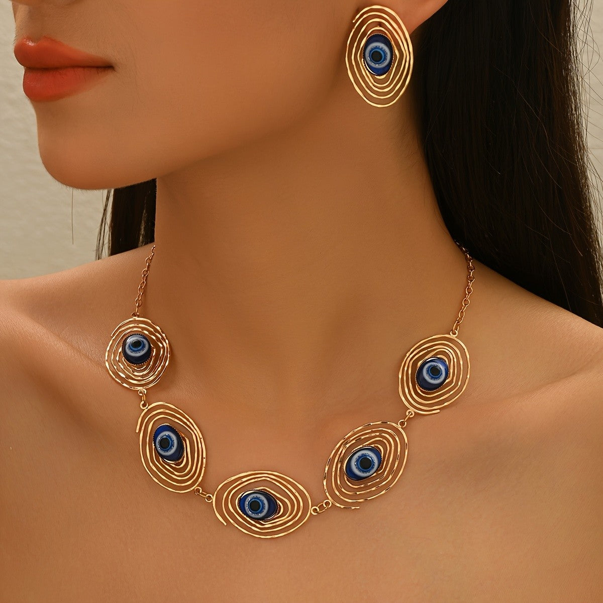 Classy Evil Eye Spiral Necklace Set