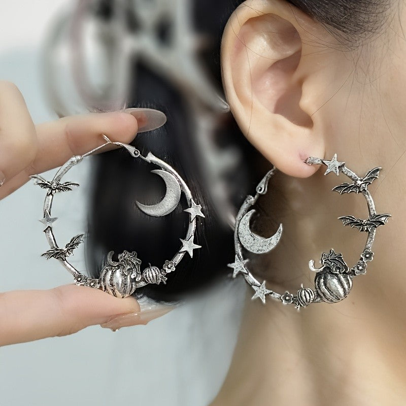 Gothic Moon Bat Hoop Earrings