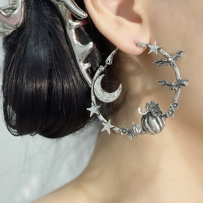 Gothic Moon Bat Hoop Earrings