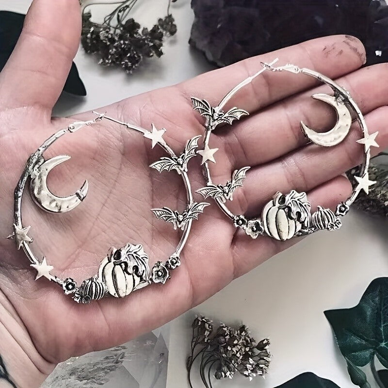 Gothic Moon Bat Hoop Earrings