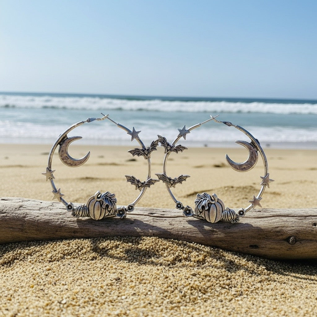 Gothic Moon Bat Hoop Earrings