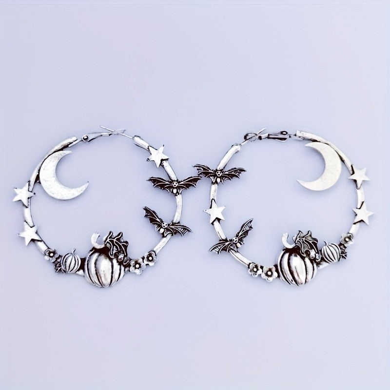 Gothic Moon Bat Hoop Earrings