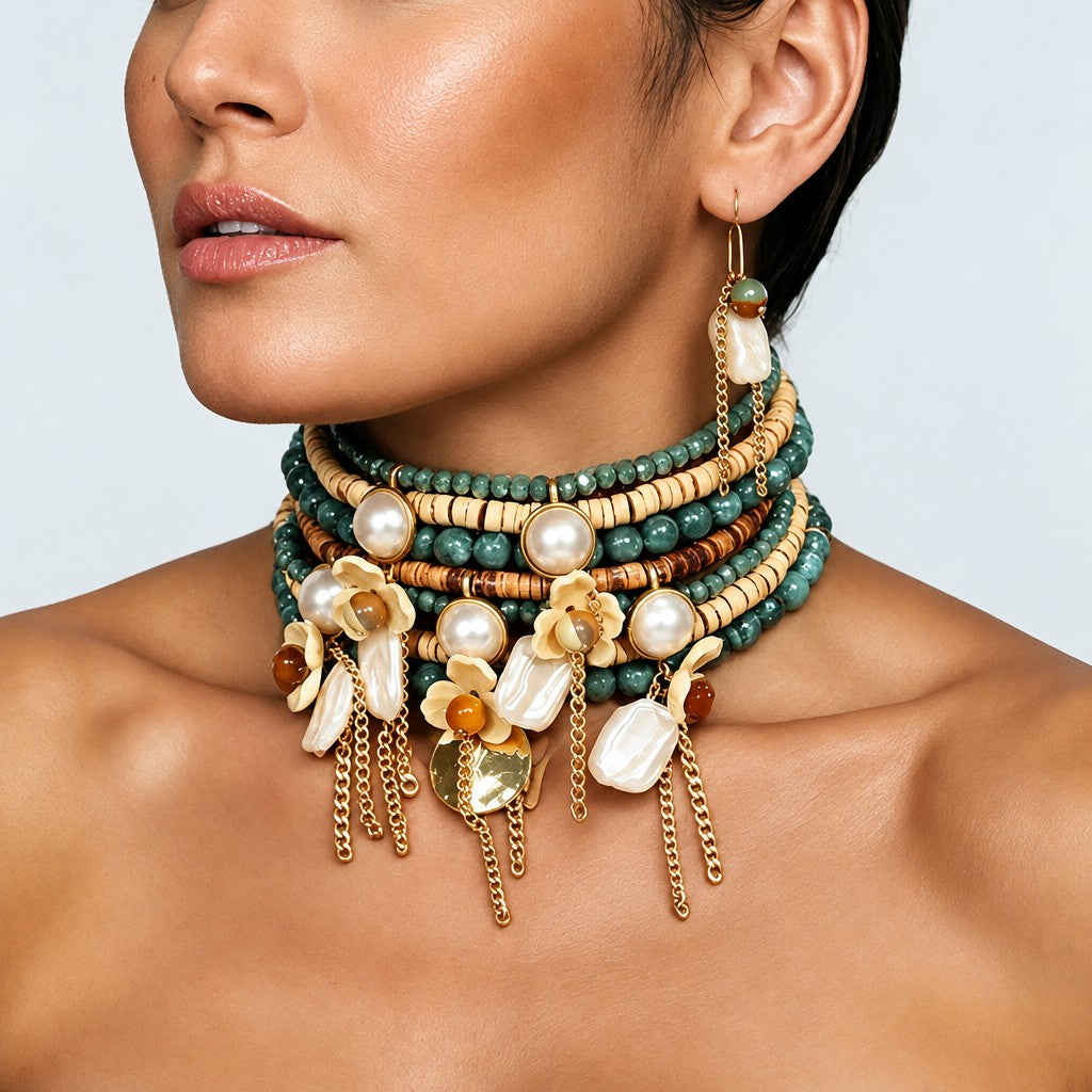 Boho Vintage Resin Flower Multi-Layer Necklace & Earring Set