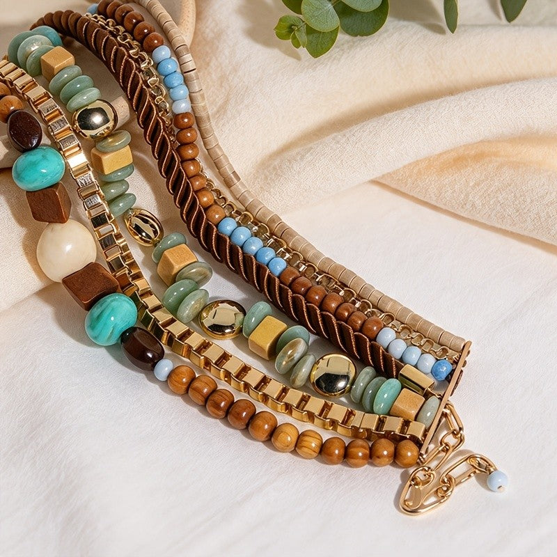 Boho Vintage Resin Flower Multi-Layer Necklace & Earring Set
