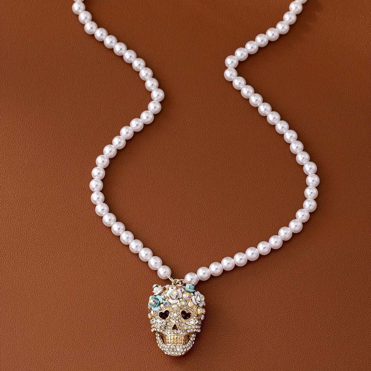 Chunky Floral Skull Pearl Necklace