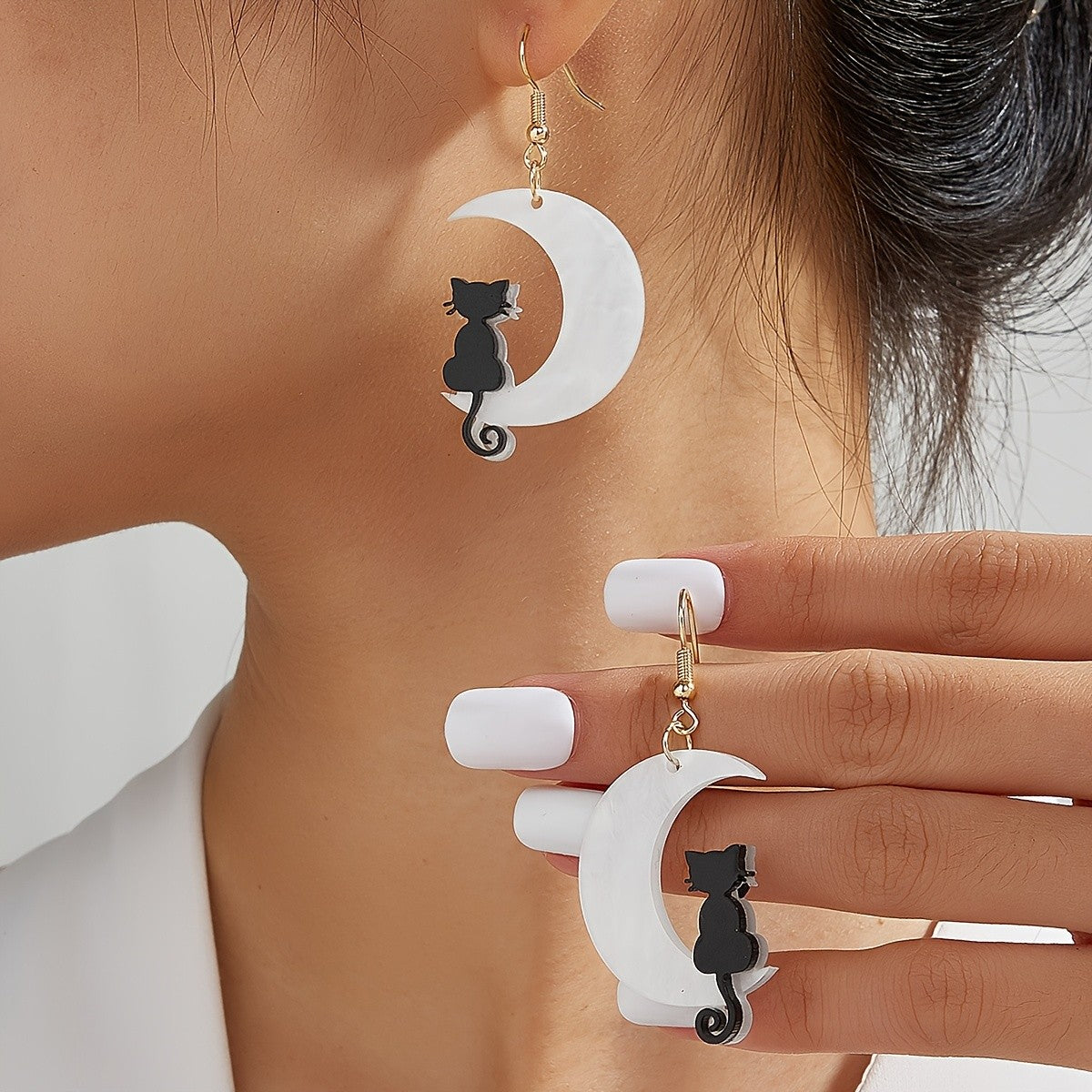 14k Whimsical Black Cat Moon Earrings