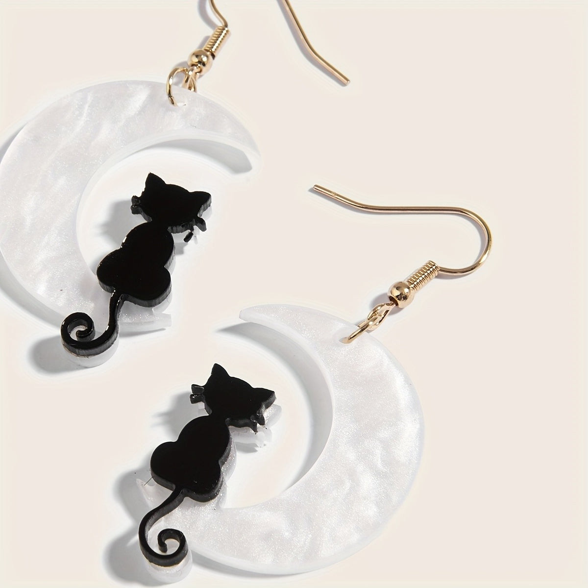 14k Whimsical Black Cat Moon Earrings
