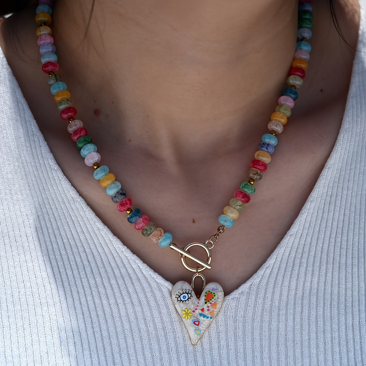 Boho Colorful Glass Bead Heart Necklace