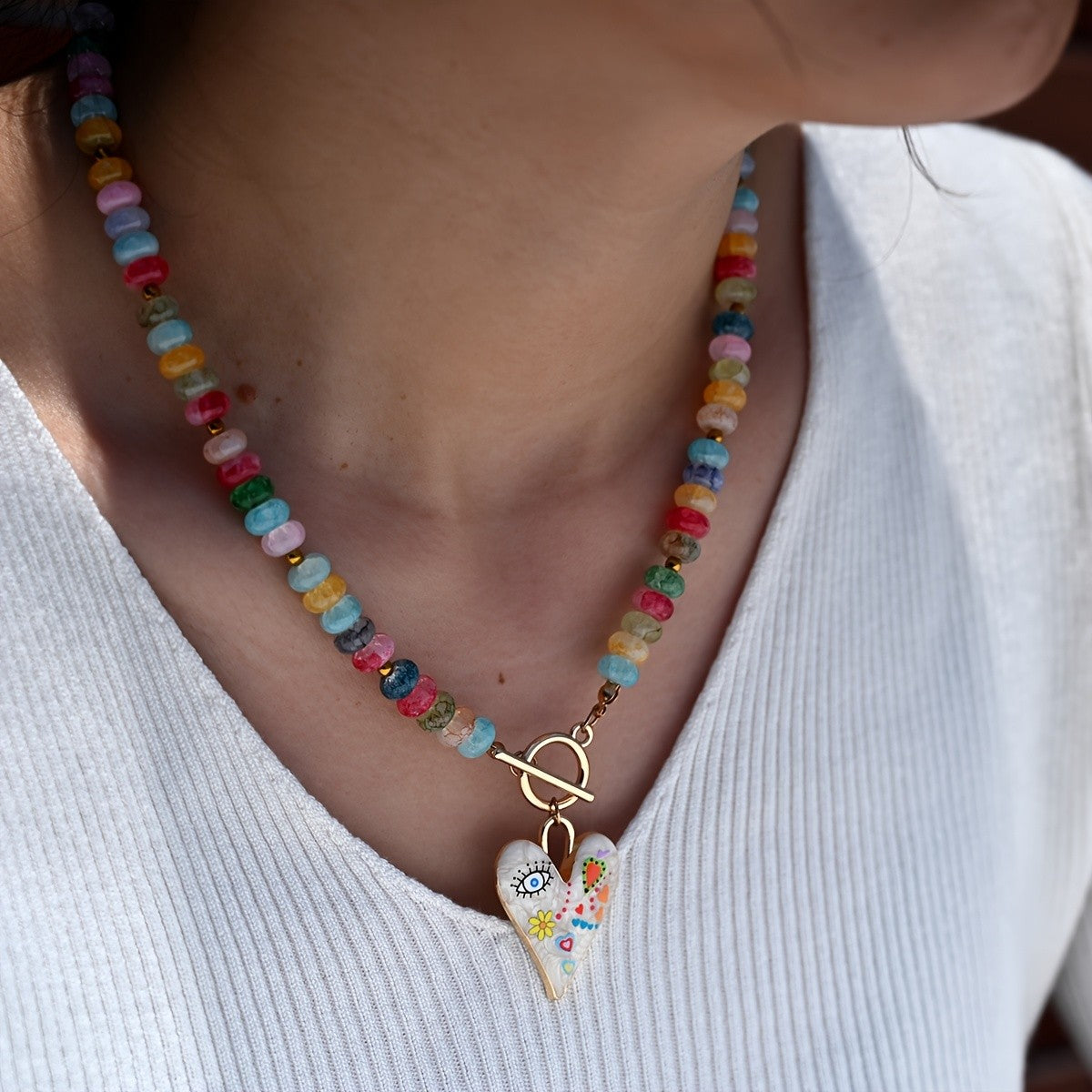 Boho Colorful Glass Bead Heart Necklace