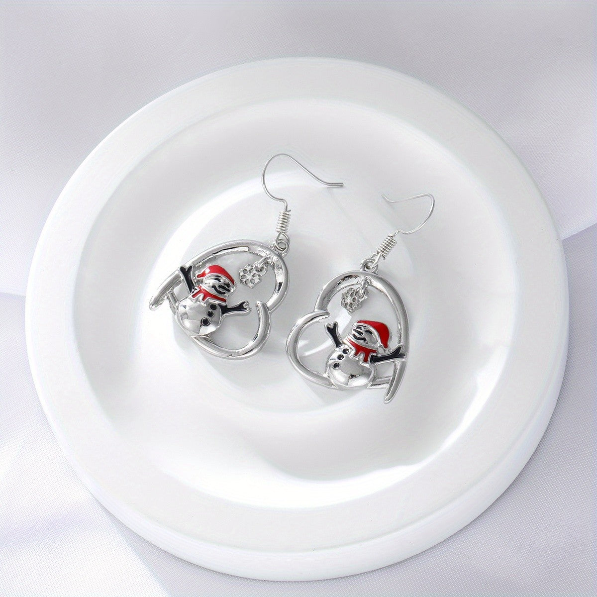 Cute Christmas Snowman Heart Earrings