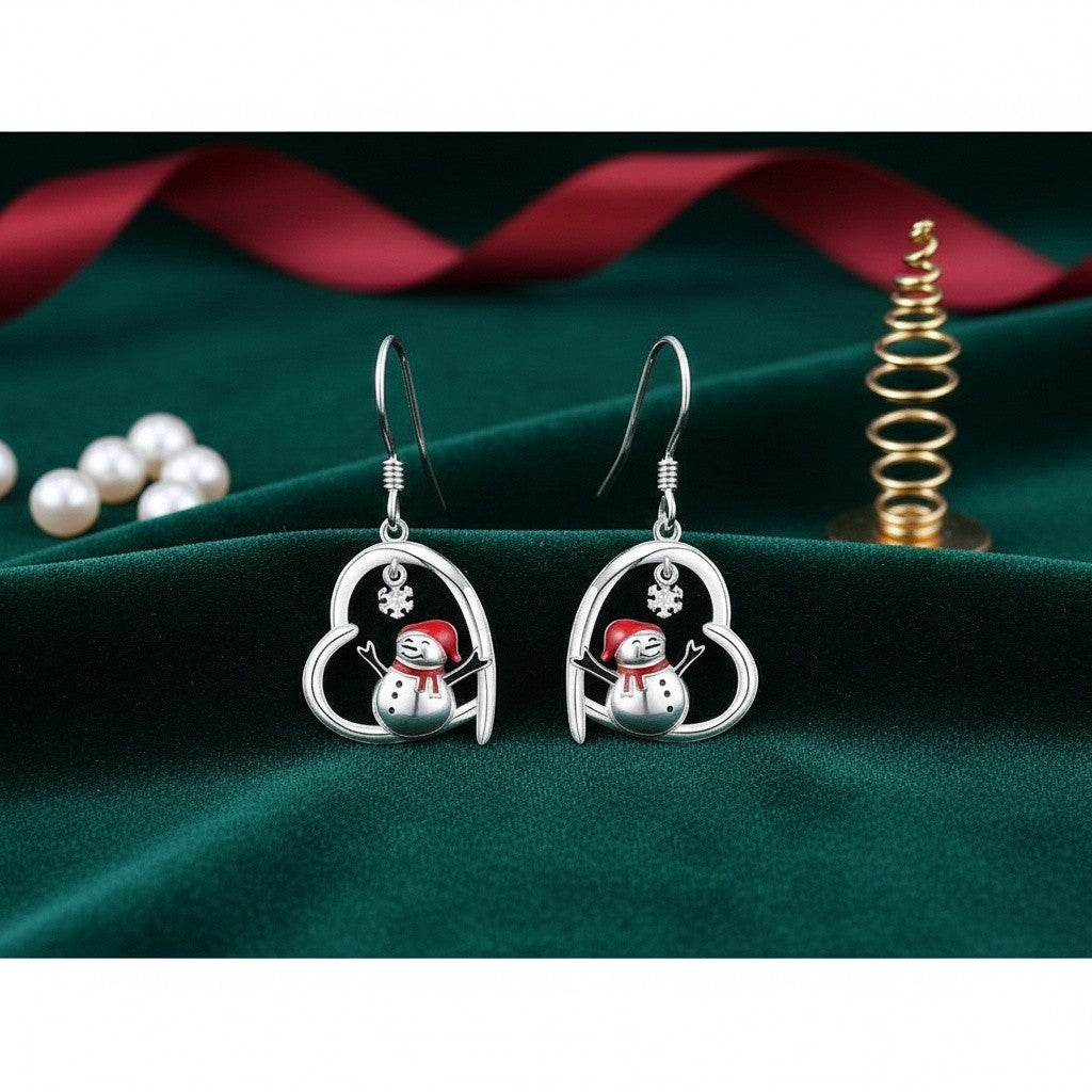 Cute Christmas Snowman Heart Earrings