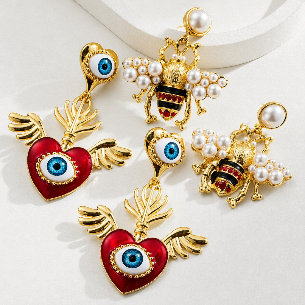 Classy Winged Heart & Pearl Bee Earrings