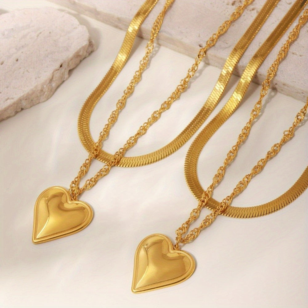 Elegant Double Layer Snake & Heart Necklace