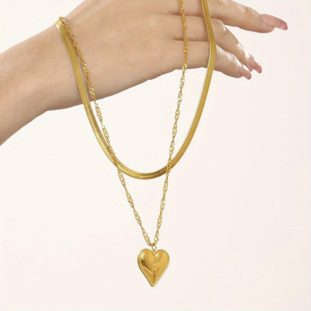 Elegant Double Layer Snake & Heart Necklace