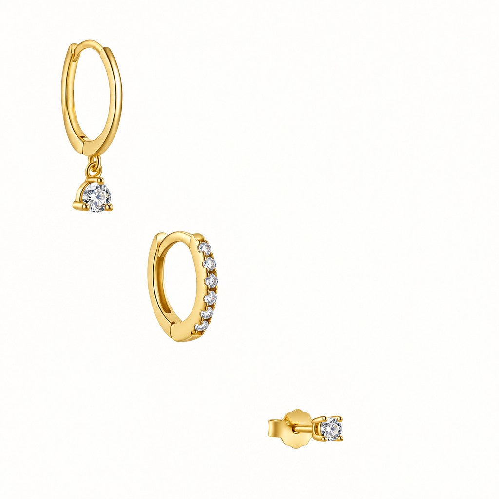 3pc Dainty Zirconia Huggie & Stud Earring Set