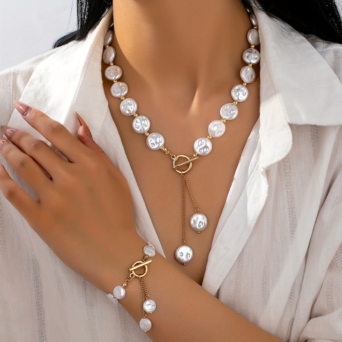 Elegant Faux Pearl Toggle Necklace Set