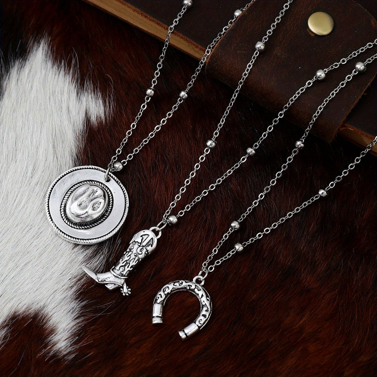 3pc Vintage Cowboy Boot Necklace Set