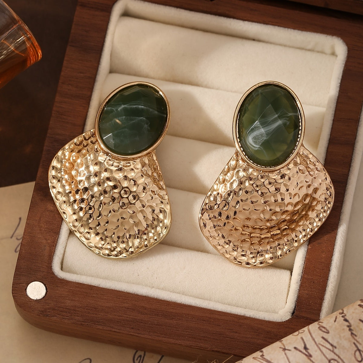 Elegant Green Stone Textured Drop Earrings