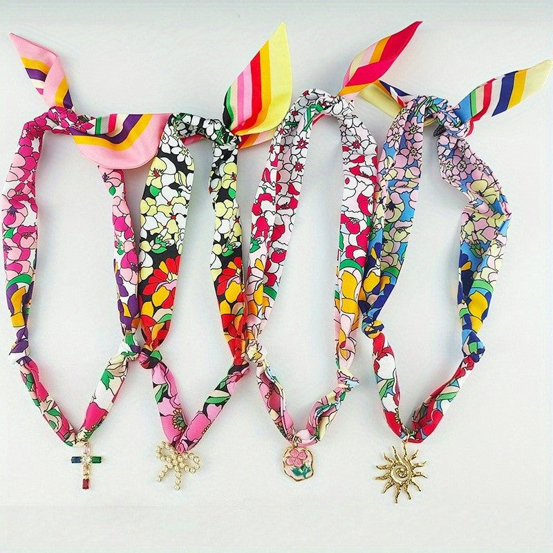 Boho Floral Scarf Sun Pendant Necklace