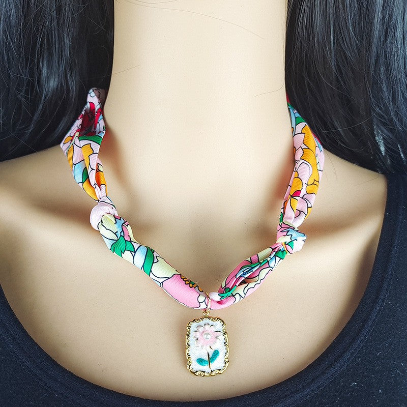 Boho Floral Scarf Sun Pendant Necklace