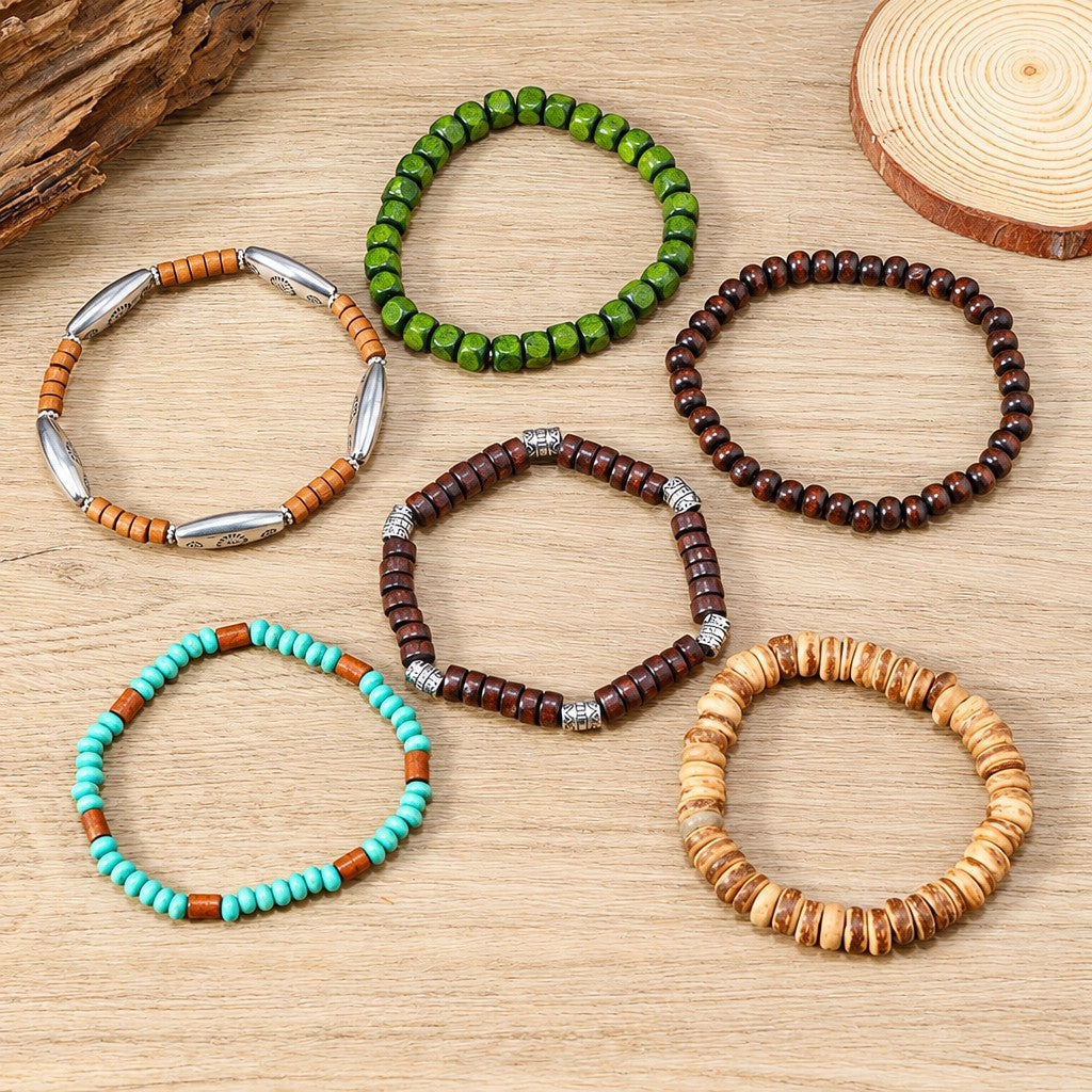 6pc Boho Mixed Wood & Stone Bracelet Set