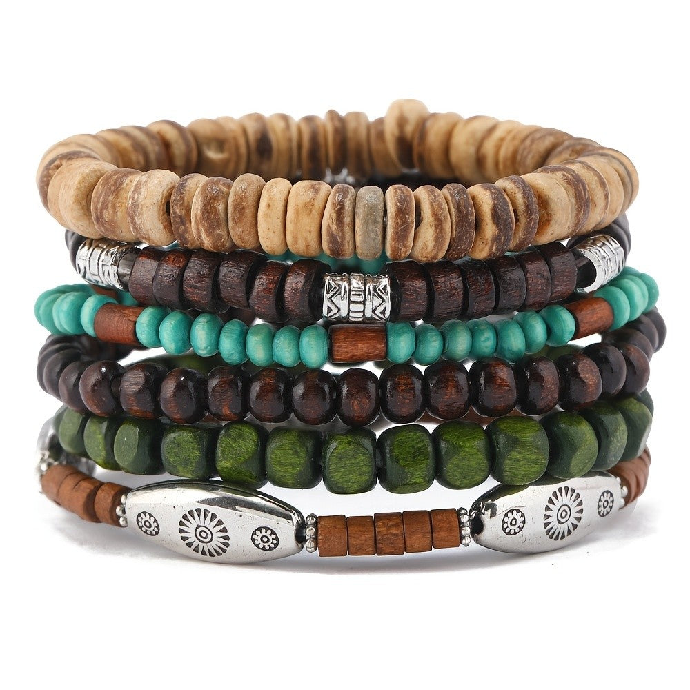 6pc Boho Mixed Wood & Stone Bracelet Set