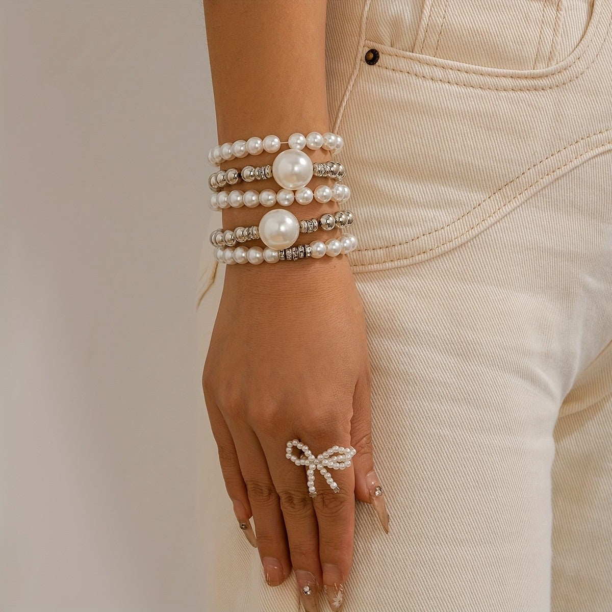 5pc Elegant Layered Pearl Bracelet Set
